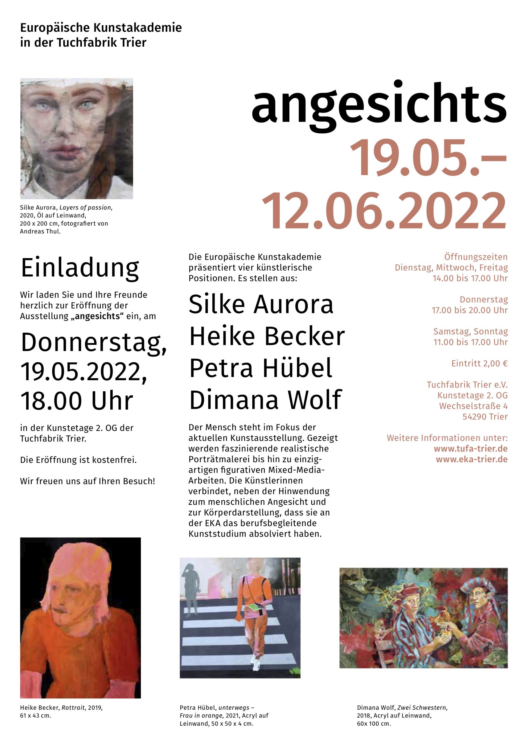 Ausstellungsplakat zur Ausstellung angesichts in Trier mit Werk von Heike Becker