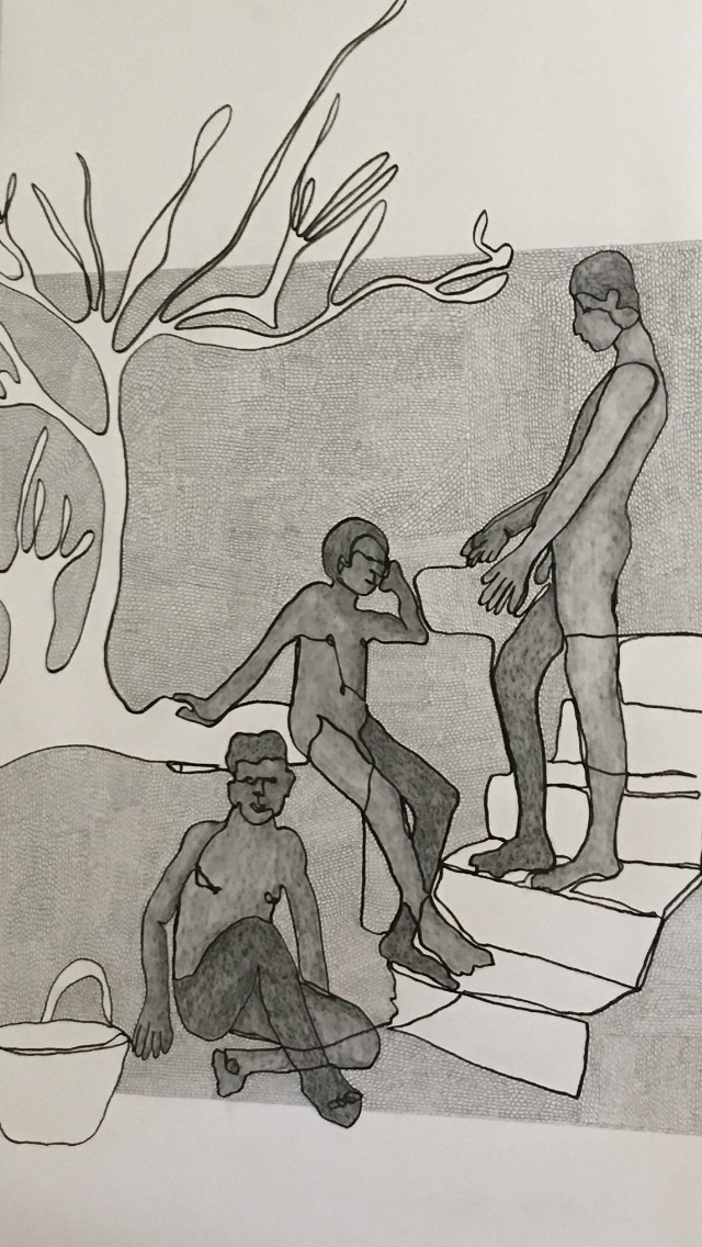 Zeichnung mit drei Personen von Künstlerin Heike Becker