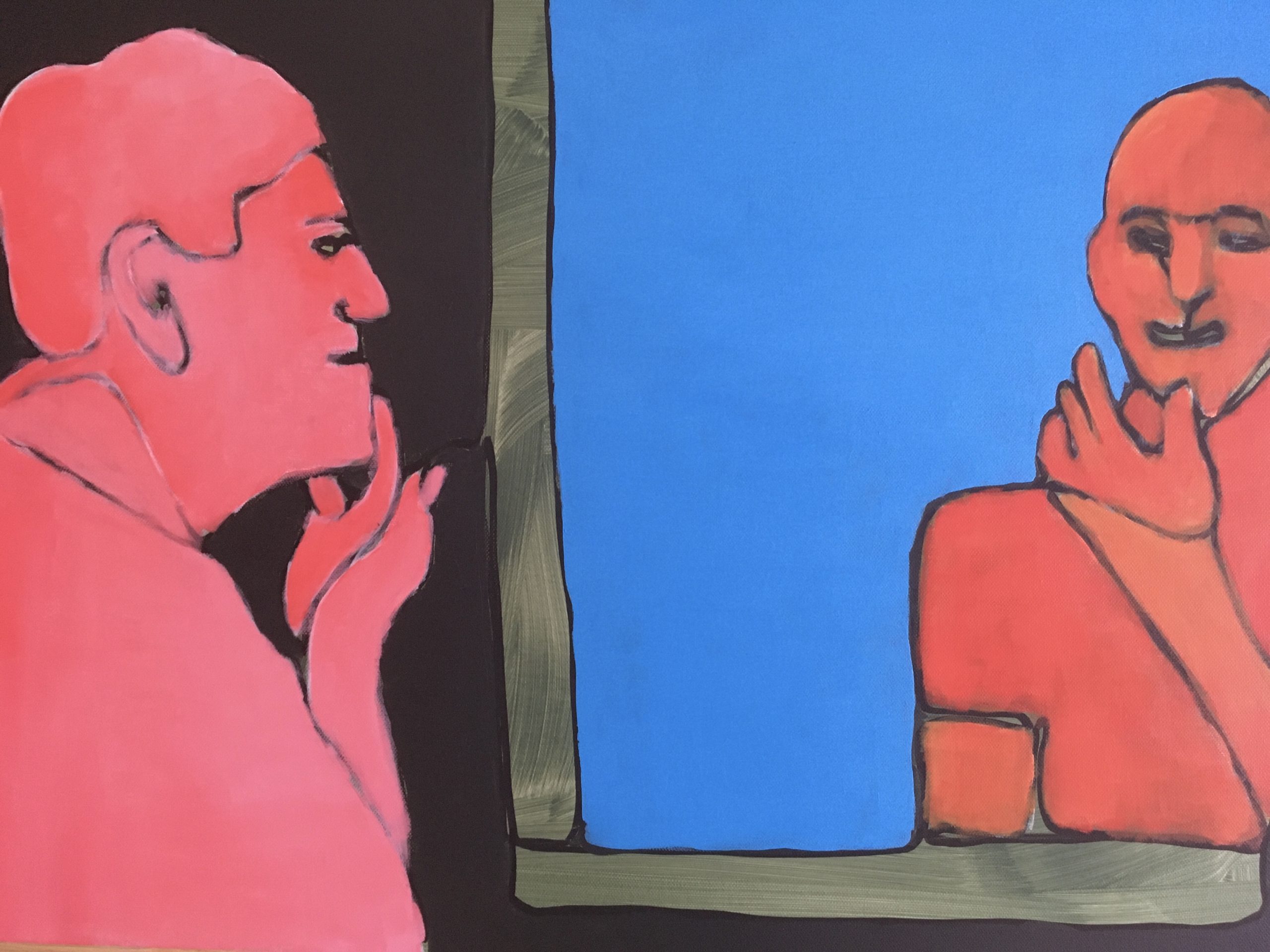 Person vor dem Spiegel Malerei in blau und rot von Heike Becker